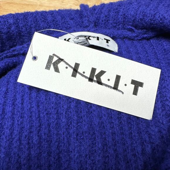 Kikit NWT Cable Knit V-Neck Hoodie Sweater Size L Blue Ribbed Trim Cozy Fuzzy - Picture 4 of 8